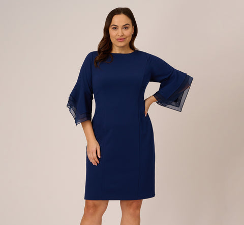 Plus Size Knit Crepe Sheath Dress With Tiered Three Quarter Sleeves In Navy Sateen