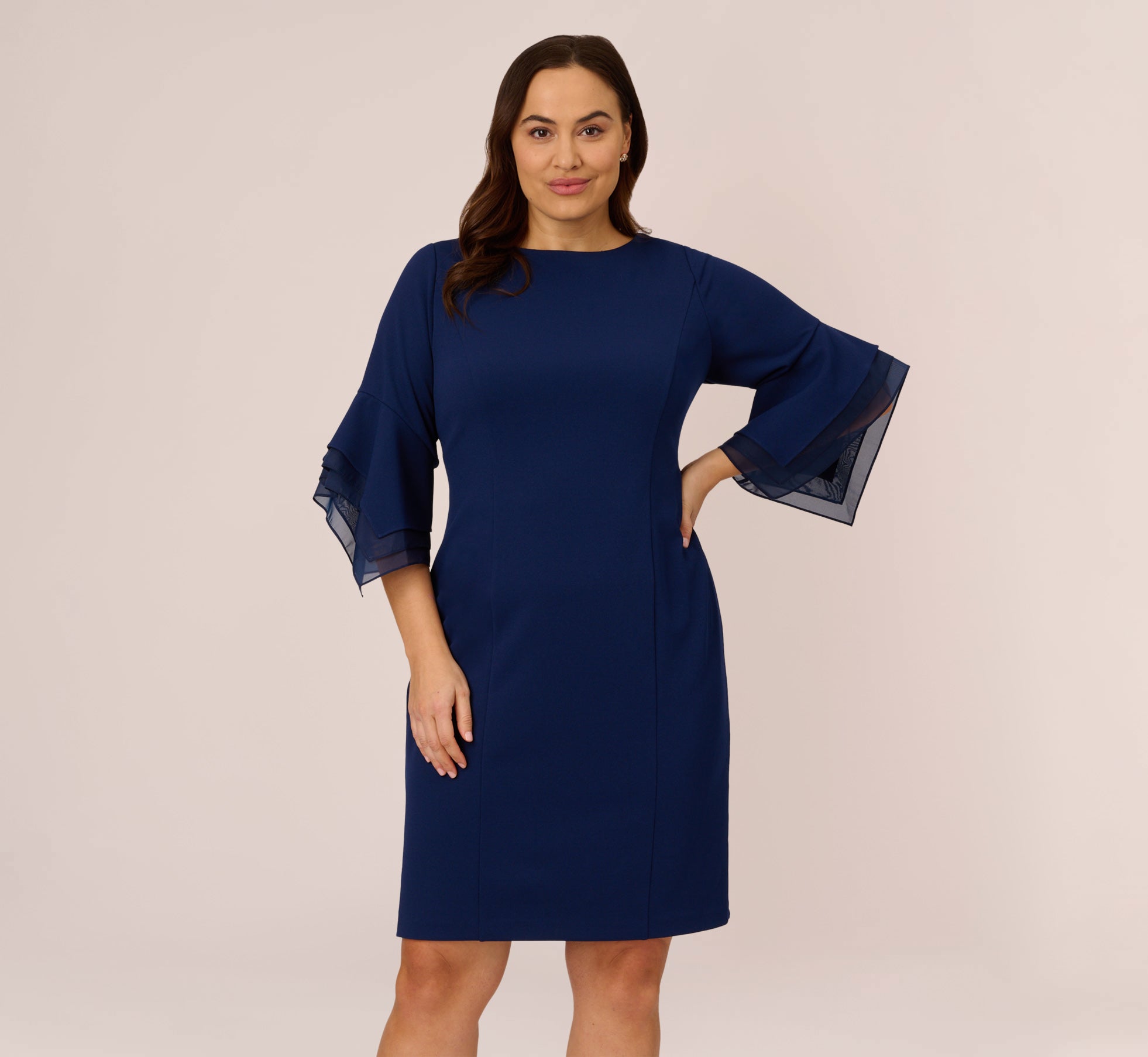 Plus Size Knit Crepe Sheath Dress With Tiered Three Quarter Sleeves In Navy Sateen 1