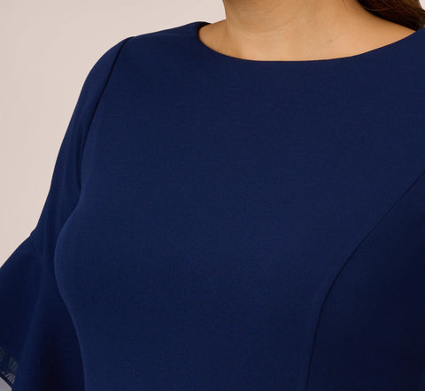 Plus Size Knit Crepe Sheath Dress With Tiered Three Quarter Sleeves In Navy Sateen