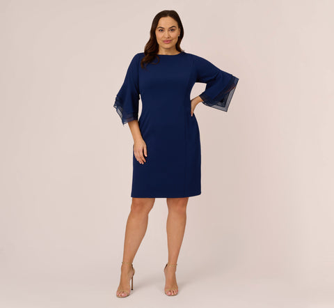 Plus Size Knit Crepe Sheath Dress With Tiered Three Quarter Sleeves In Navy Sateen