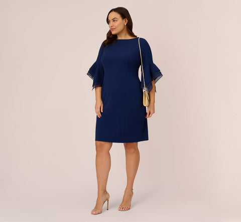 Plus Size Knit Crepe Sheath Dress With Tiered Three Quarter Sleeves In Navy Sateen