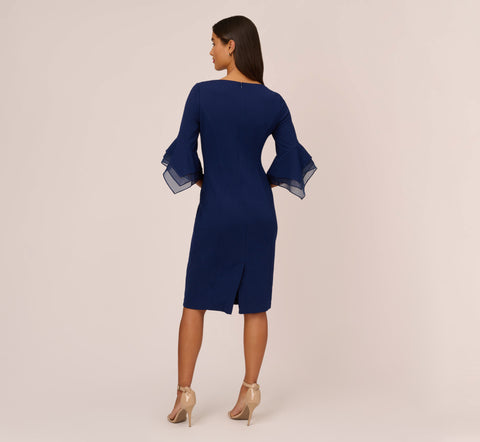 Knit Crepe Sheath Dress With Tiered Three Quarter Sleeves In Navy Sateen