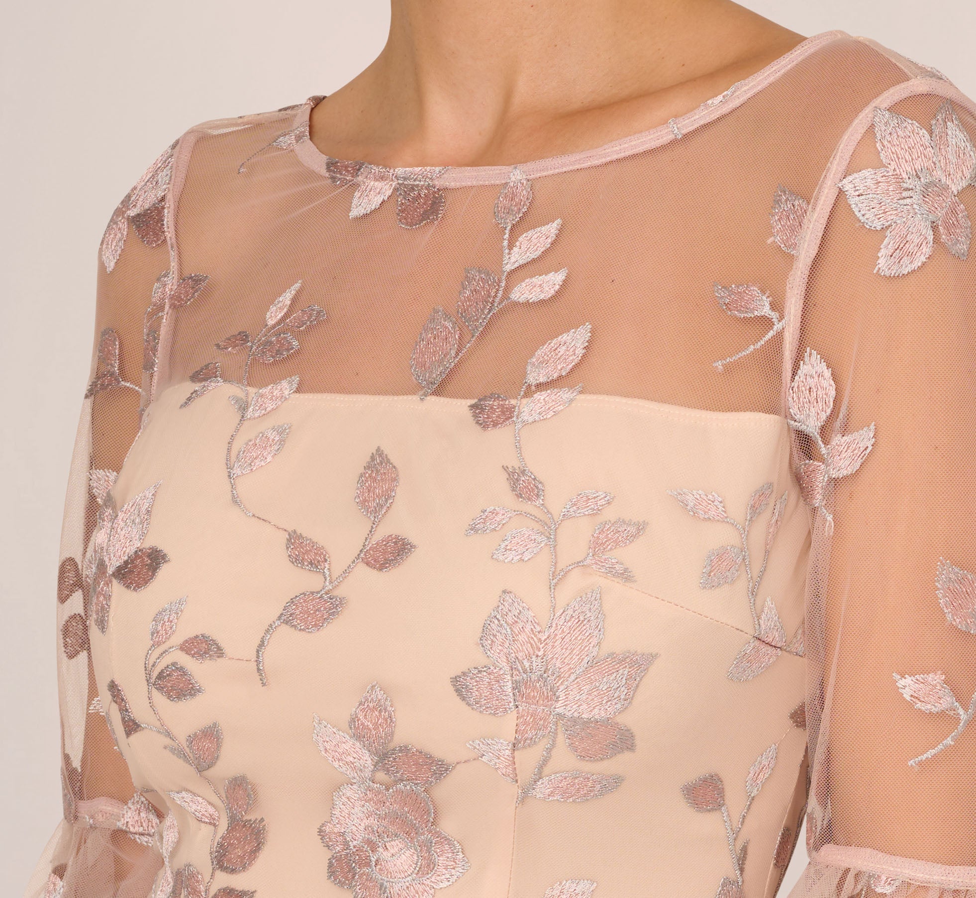 Floral Embroidered Sheath Dress With Scalloped Detail In Champagne