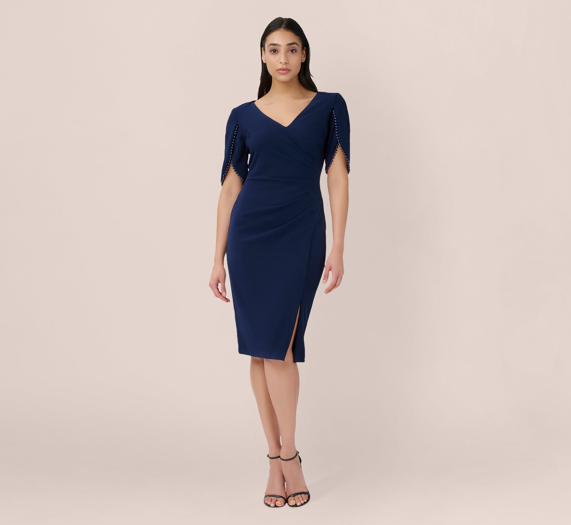 Pearl Embellished Knit Crepe Sheath Dress In Navy Sateen