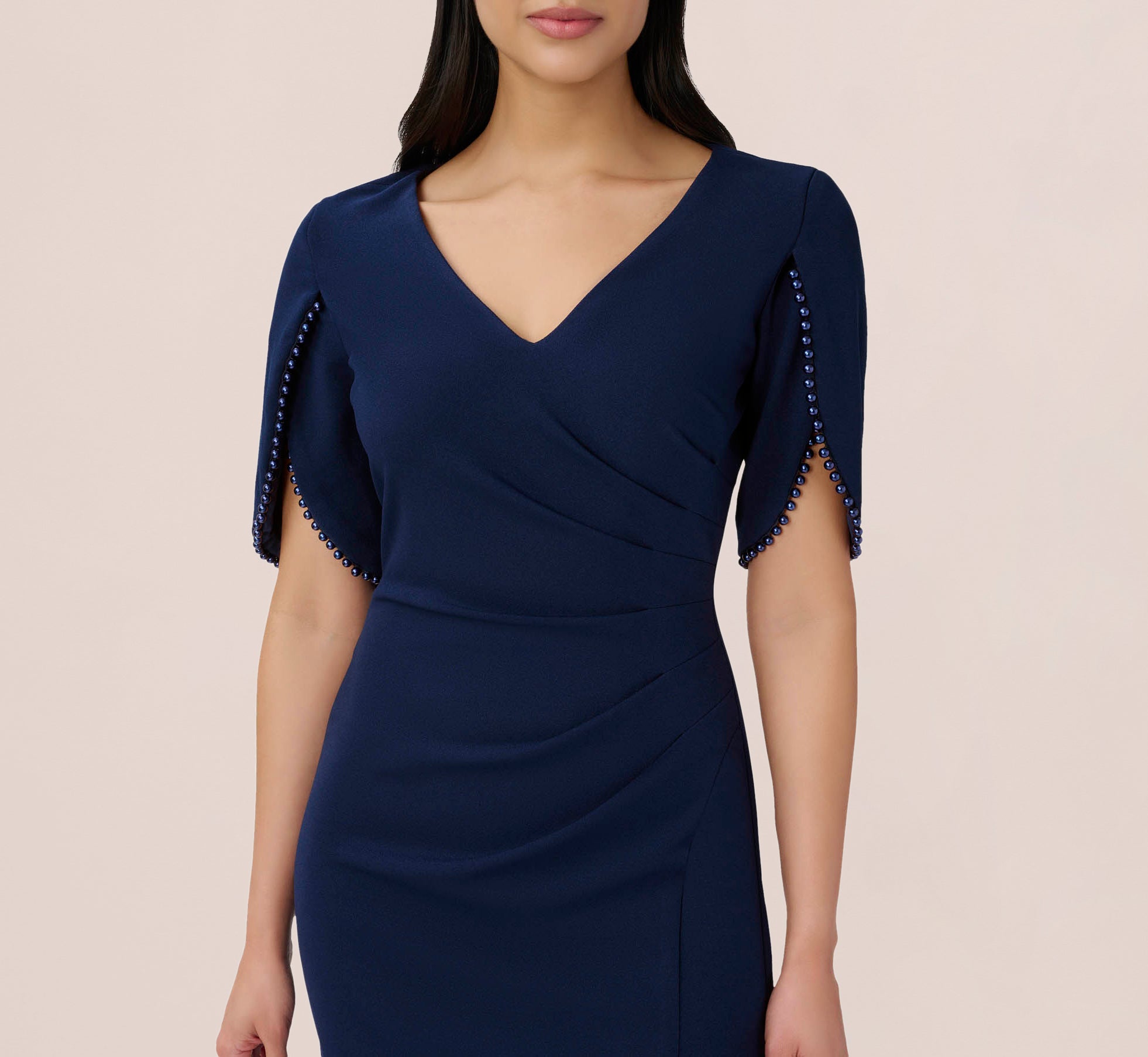 Pearl Embellished Knit Crepe Sheath Dress In Navy Sateen