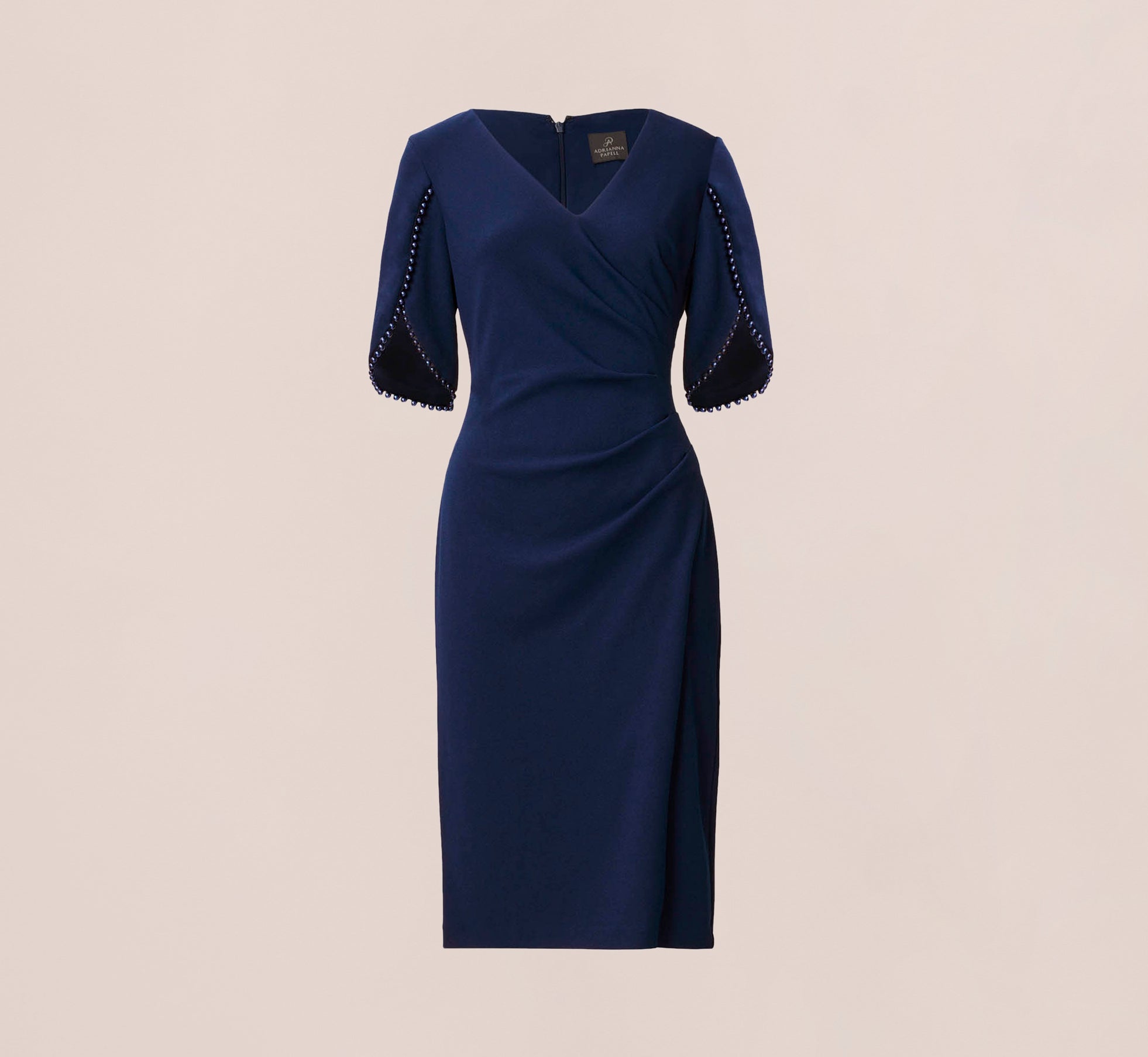 Pearl Embellished Knit Crepe Sheath Dress In Navy Sateen