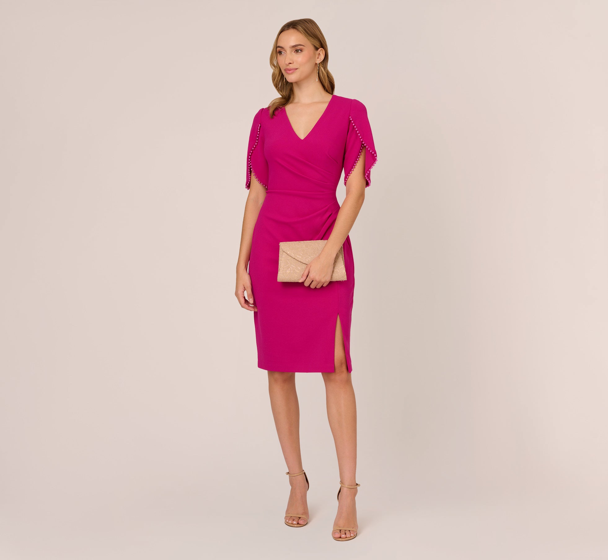 Pearl Embellished Knit Crepe Sheath Dress In Hot Orchid Adrianna