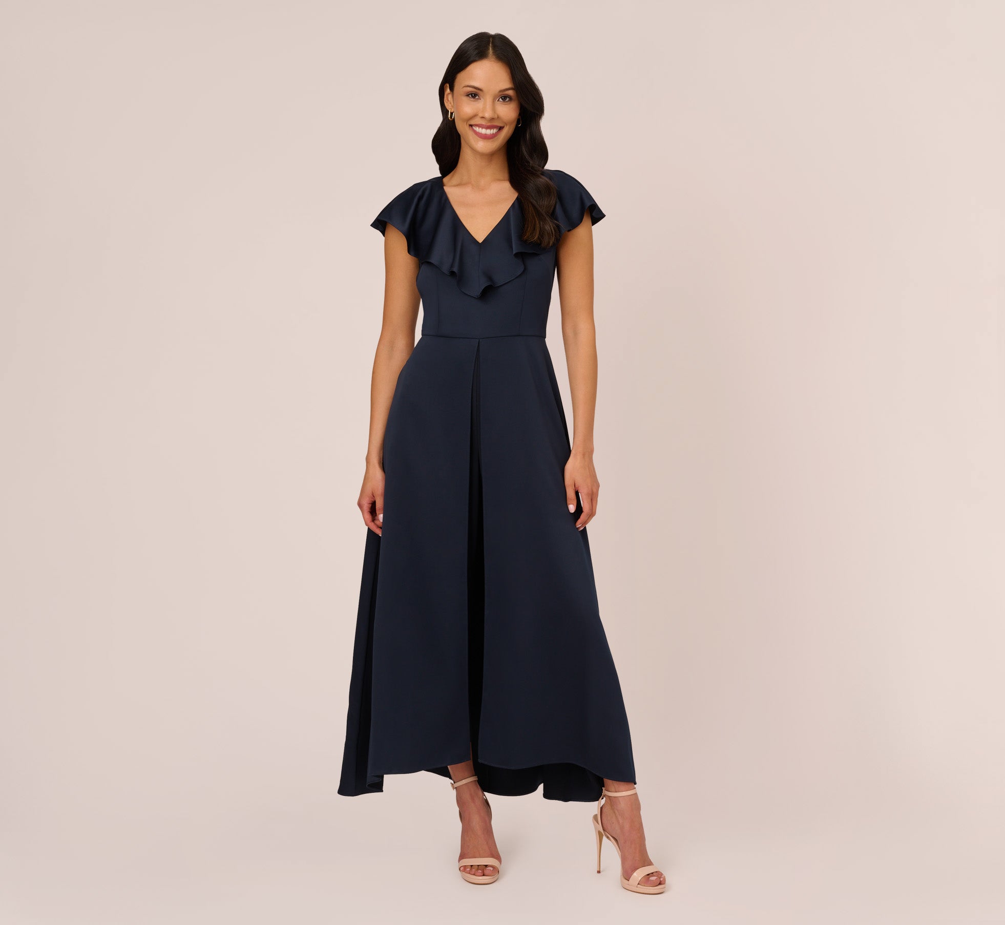 Satin Crepe Ruffled Cropped Jumpsuit In Dark Navy 1