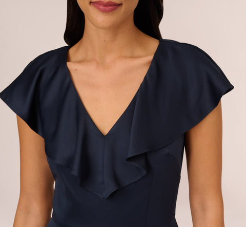 Satin Crepe Ruffled Cropped Jumpsuit In Dark Navy