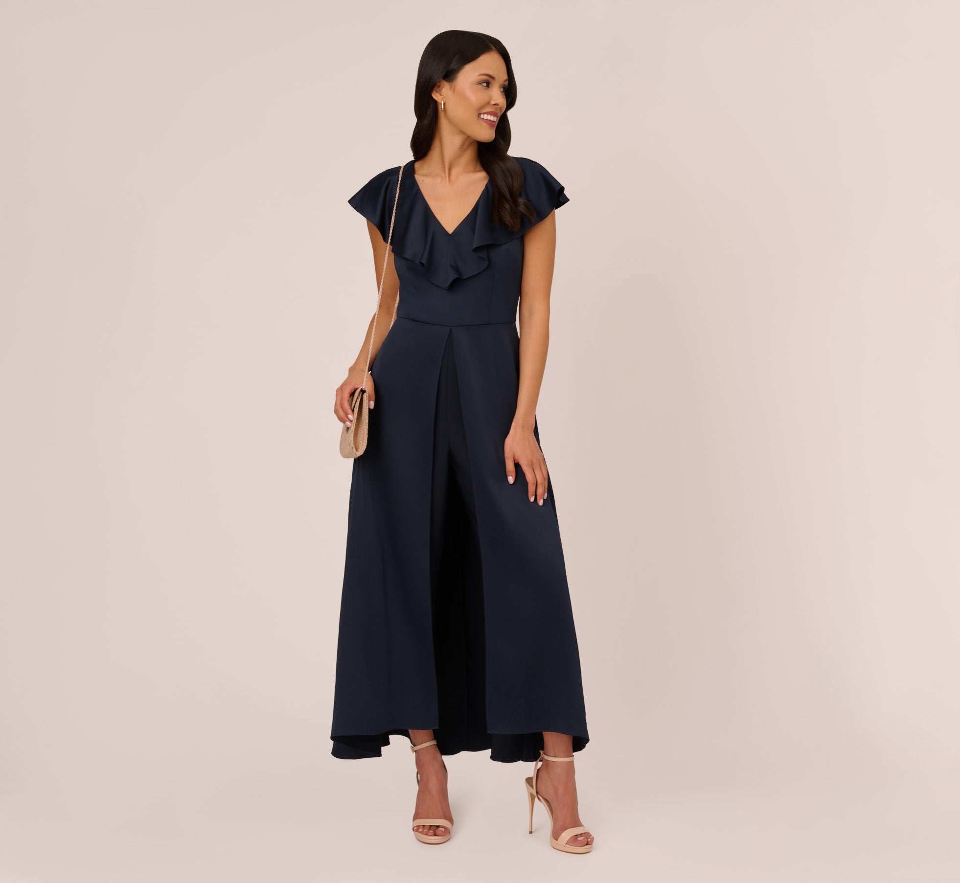 Satin Crepe Ruffled Cropped Jumpsuit In Dark Navy Adrianna Papell