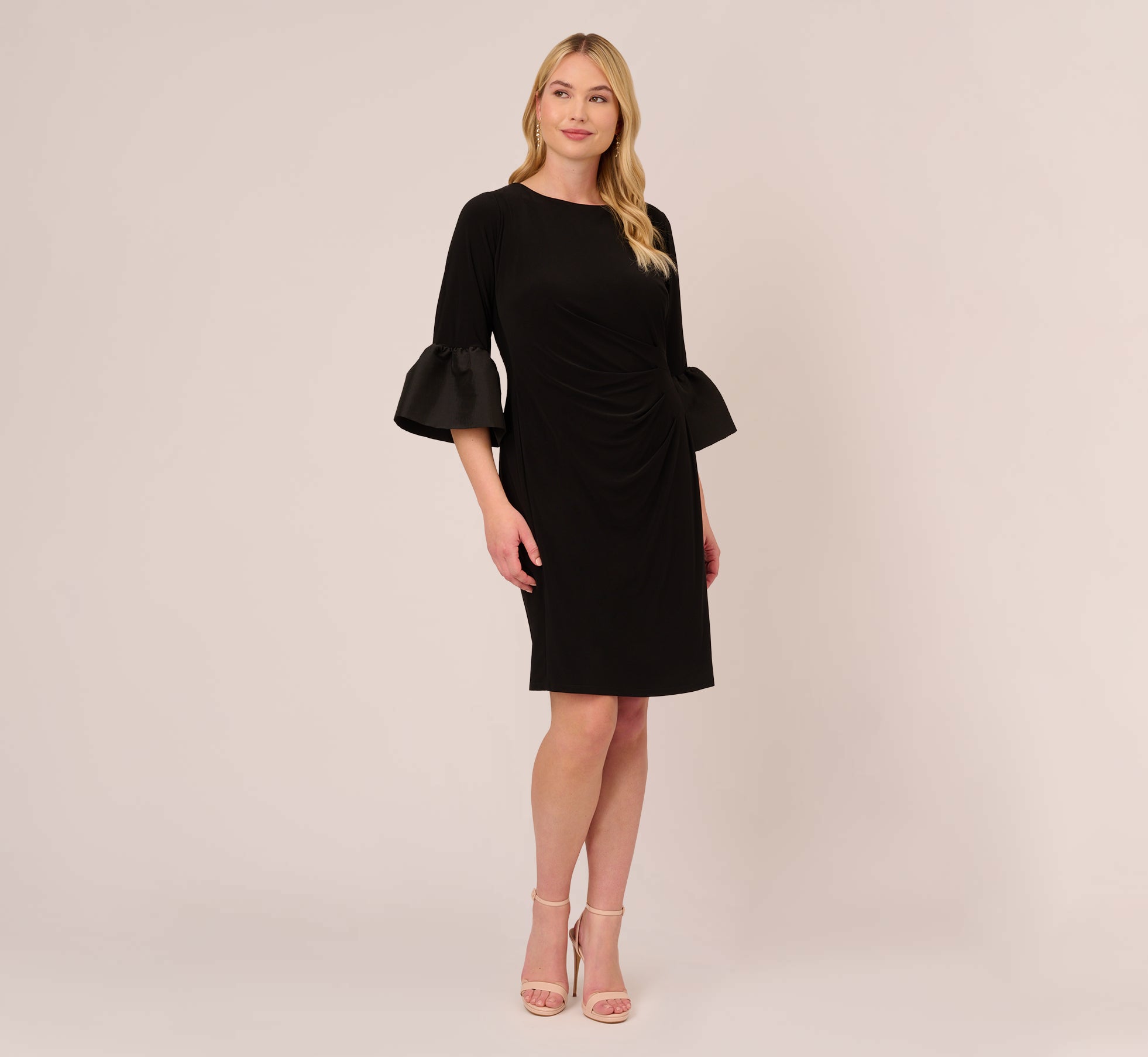 Plus Size Draped Jersey Short Sheath Dress With Bell Cuffs In Black