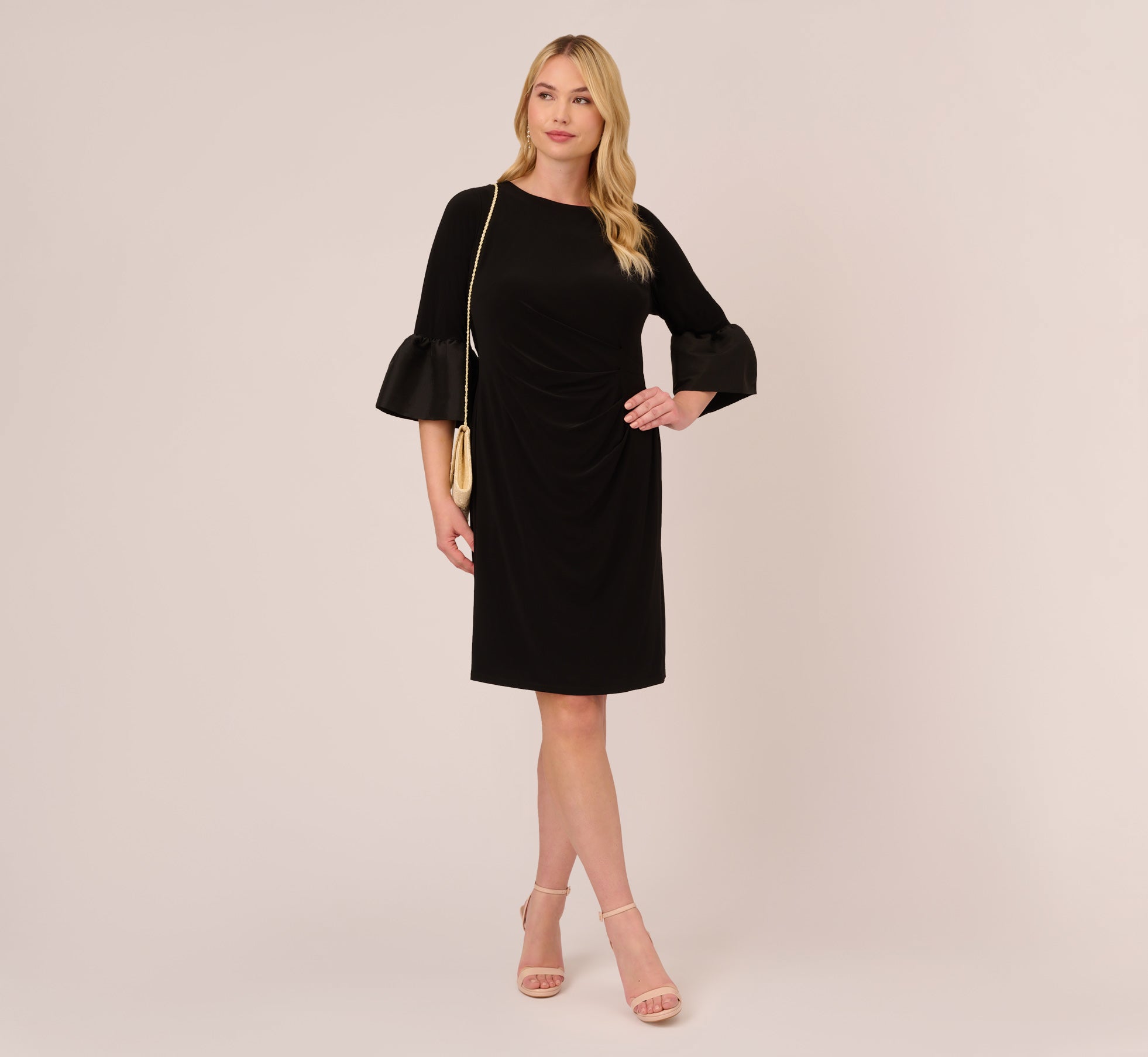 Plus Size Draped Jersey Short Sheath Dress With Bell Cuffs In