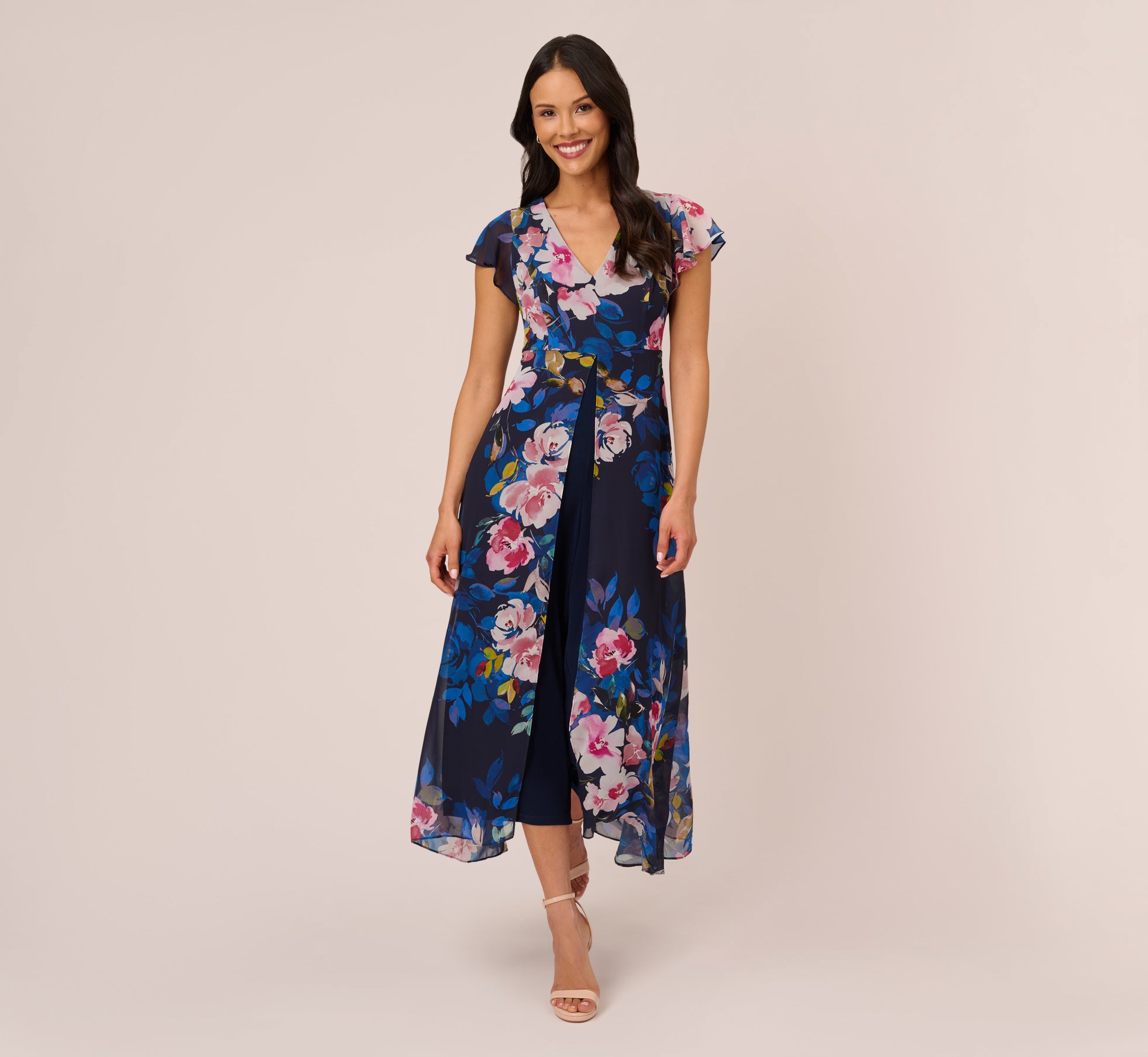 Floral Print Cropped Jumpsuit With Chiffon Overlay In Navy Multi