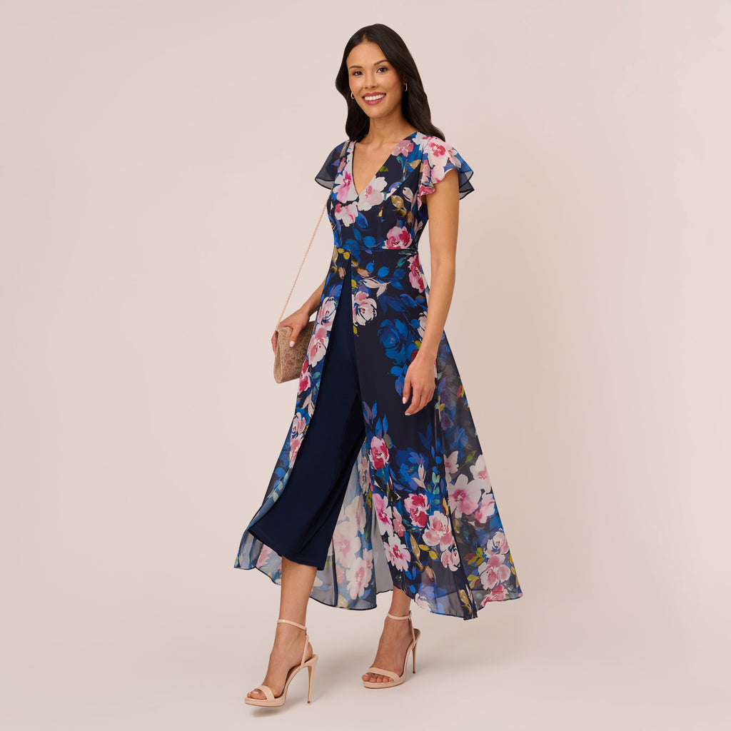 Floral-Print Cropped Jumpsuit With Chiffon Overlay In Navy Multi