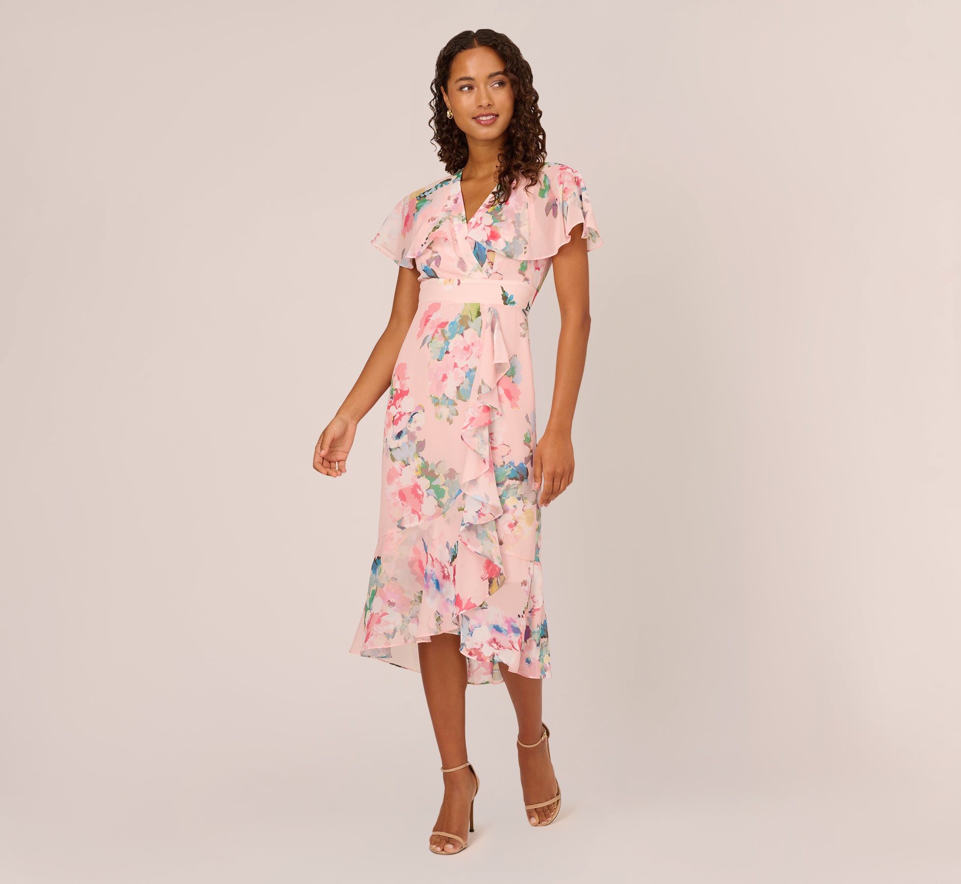 Floral Print Twill Ruffled Midi Length Faux Wrap Dress In Rose