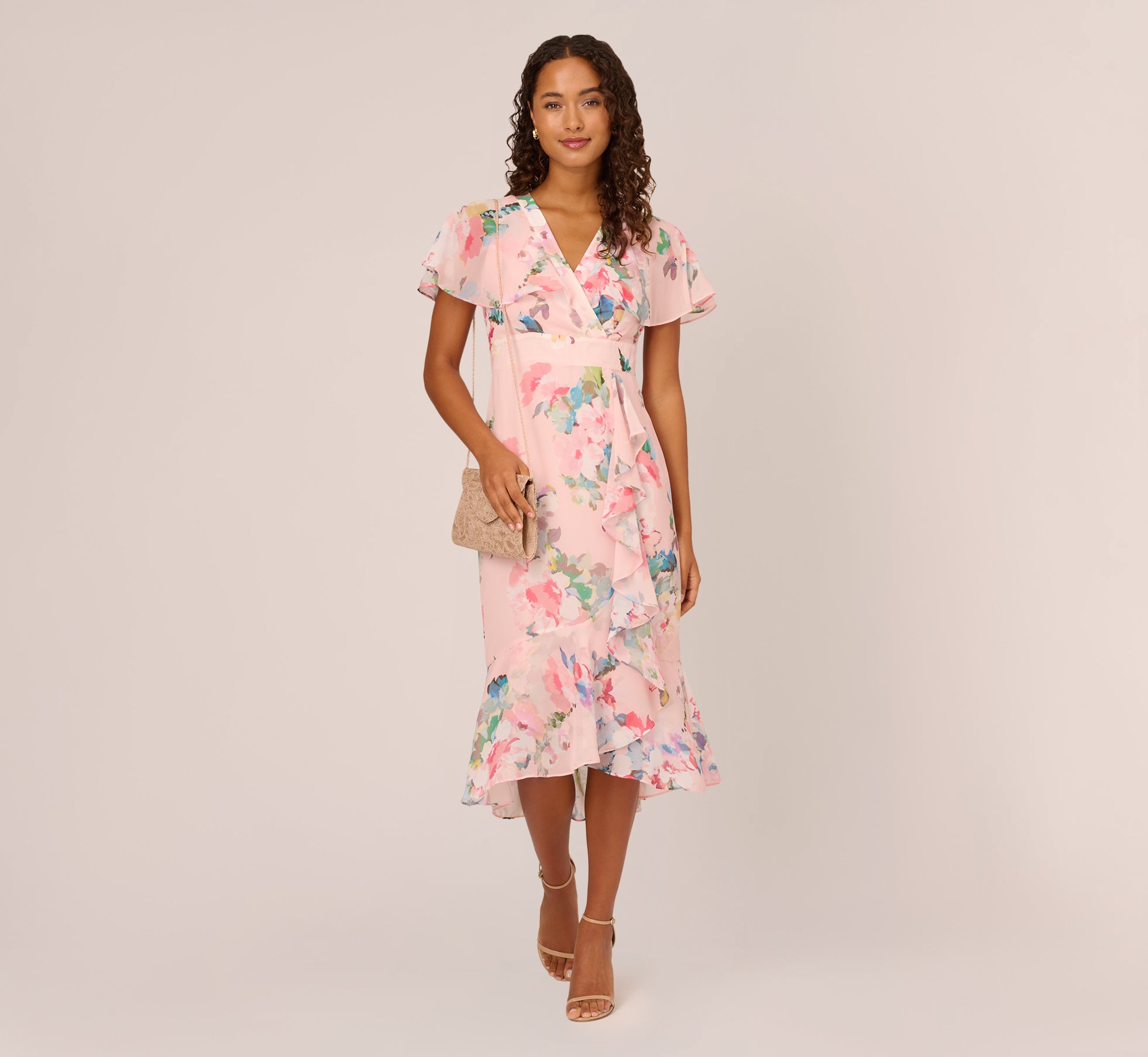 Floral Print Twill Ruffled Midi Length Faux Wrap Dress In Rose