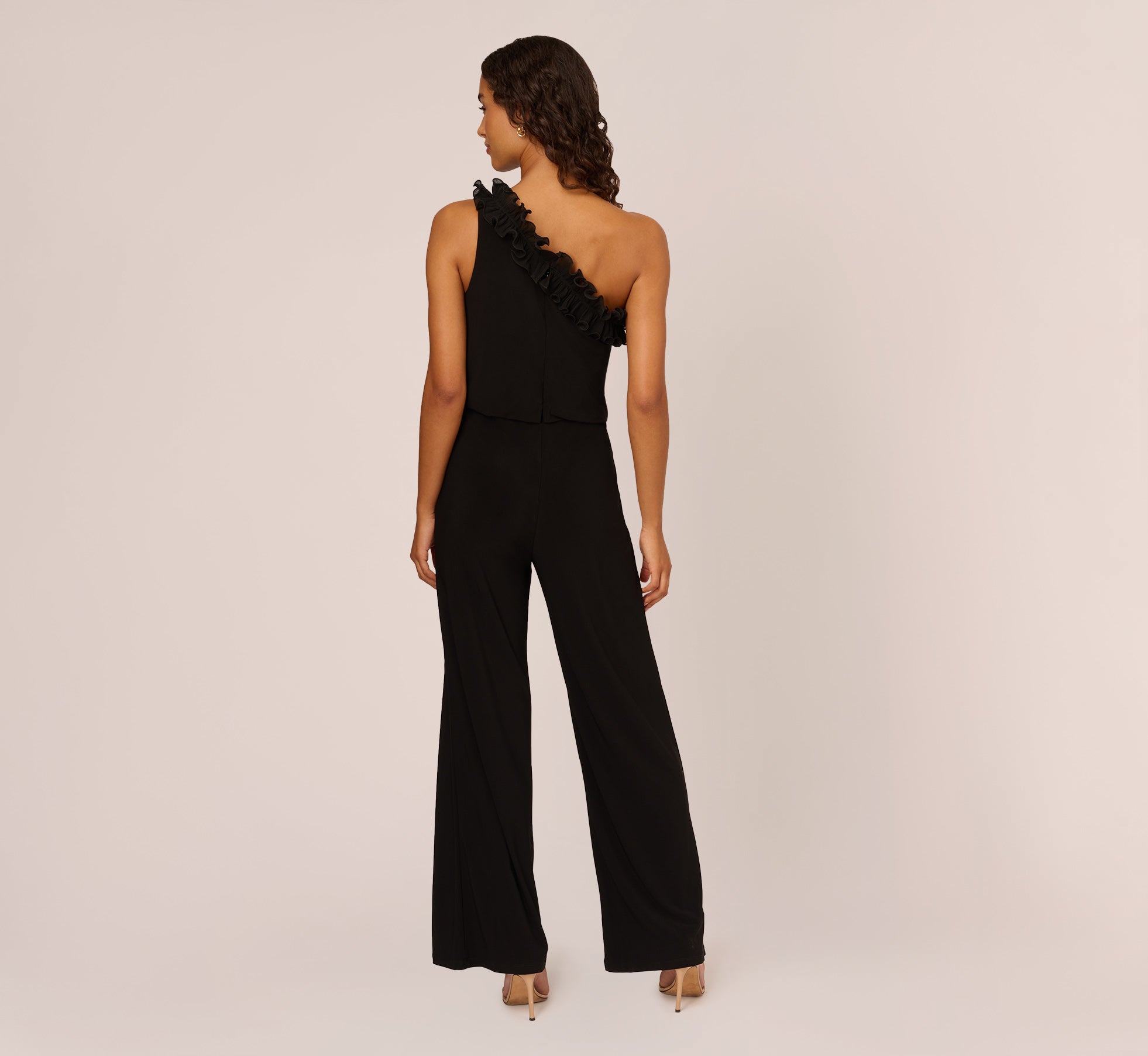 Ruffled One Shoulder Blouson Jersey Jumpsuit In Black Adrianna