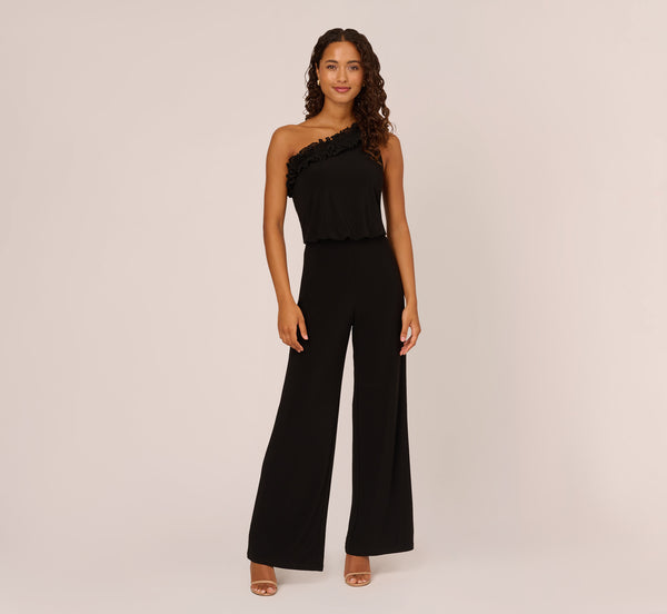 Ruffled One Shoulder Blouson Jersey Jumpsuit In Black Adrianna