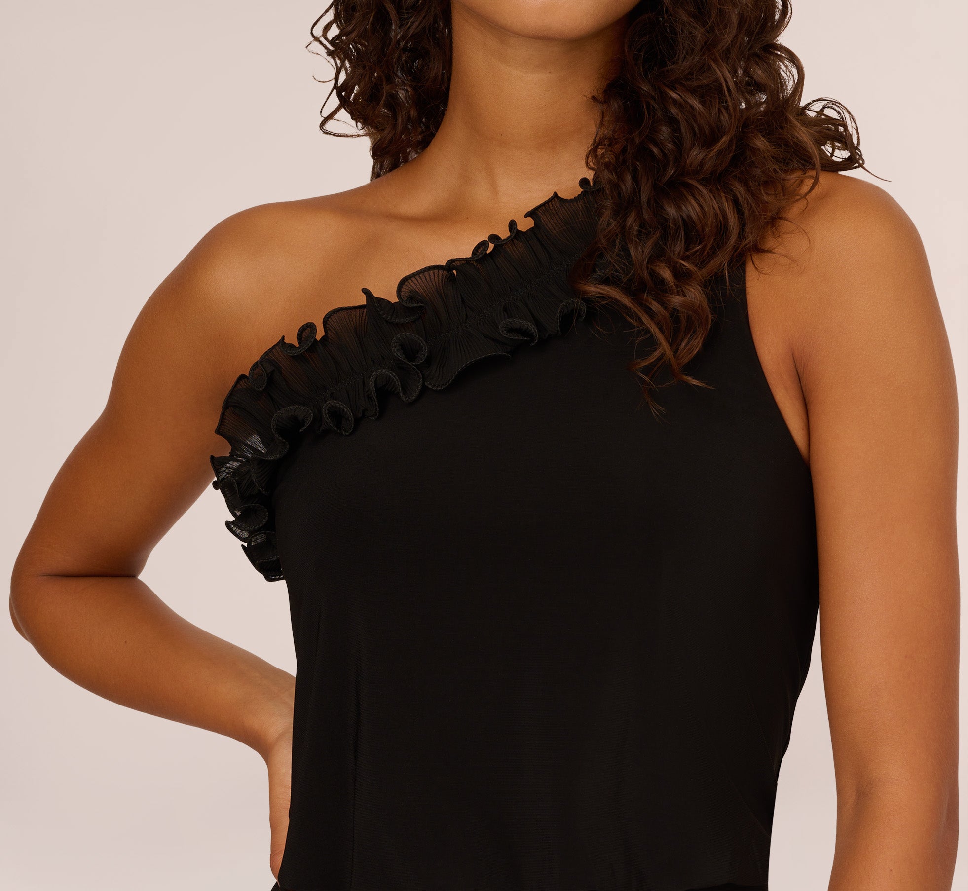 Ruffled One Shoulder Blouson Jersey Jumpsuit In Black Adrianna