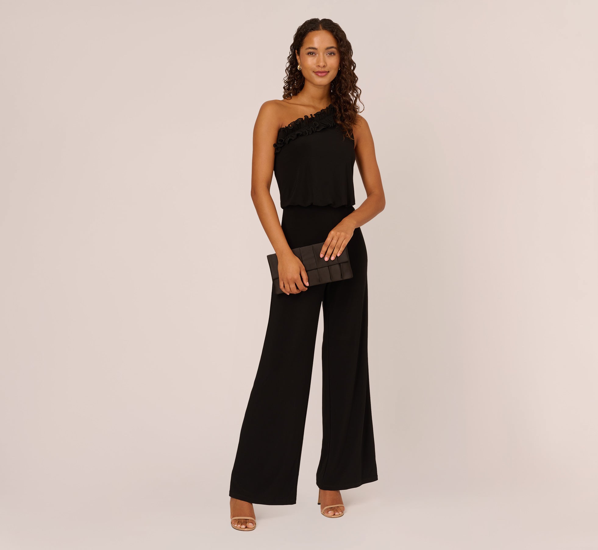 Ruffled One Shoulder Blouson Jersey Jumpsuit In Black Adrianna