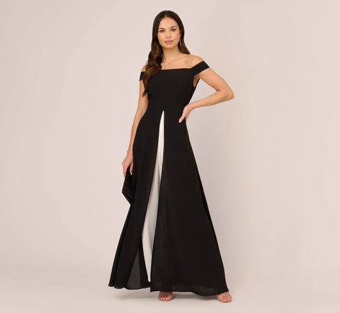 Colorblock Off The Shoulder Wide Leg Jumpsuit In Black Ivory