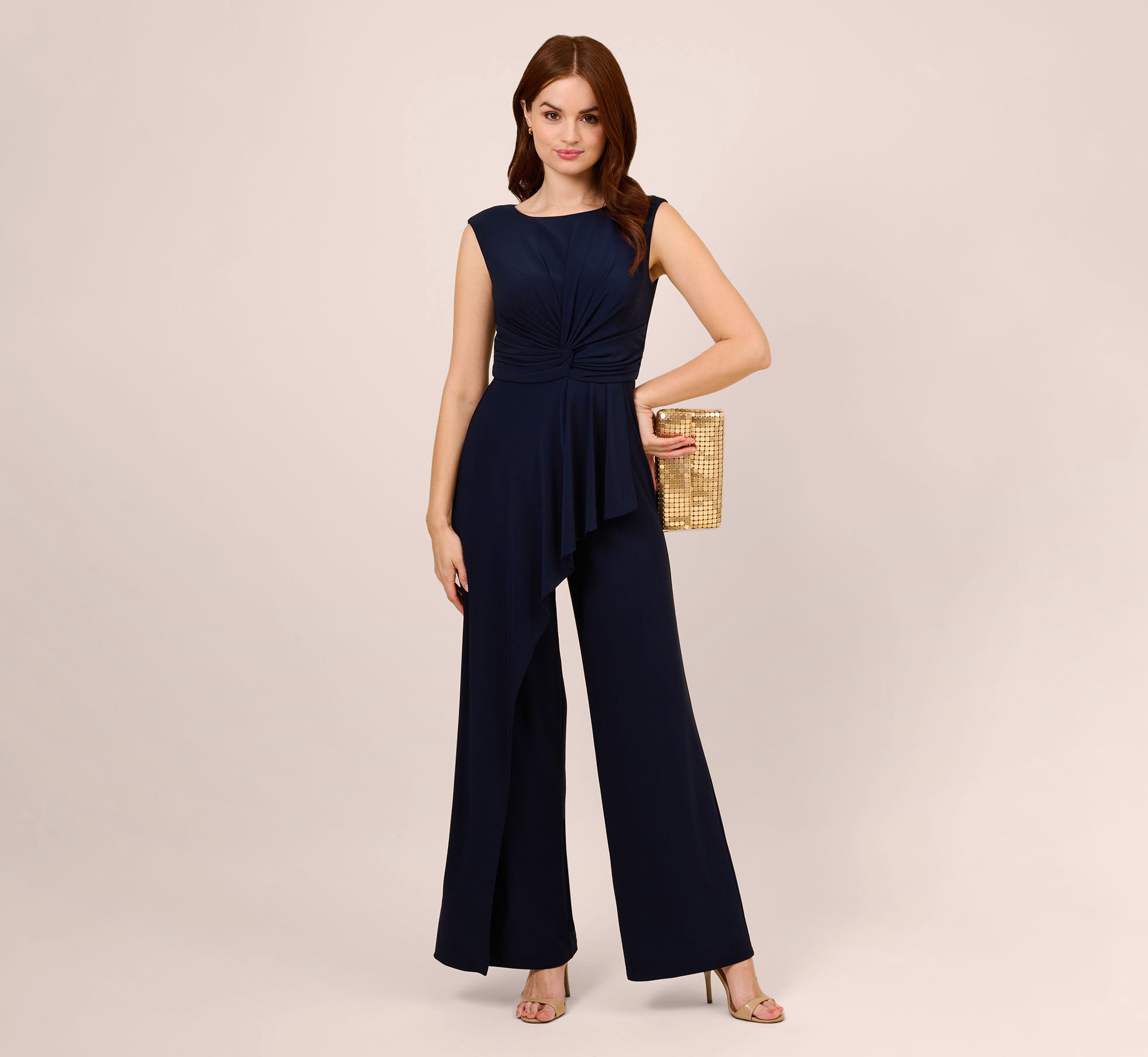 Stretch Jersey Twist-Front Jumpsuit With Overlay In Midnight