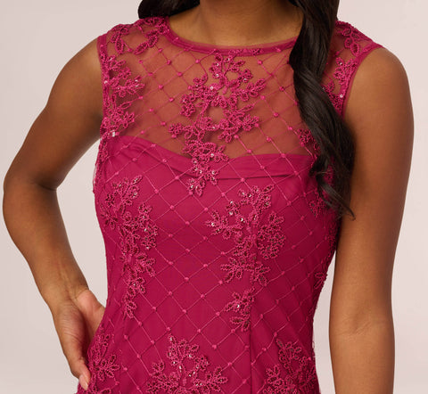 Sequin Embroidered Sheath Dress With Sheer Neckline In Dahlia Dusk