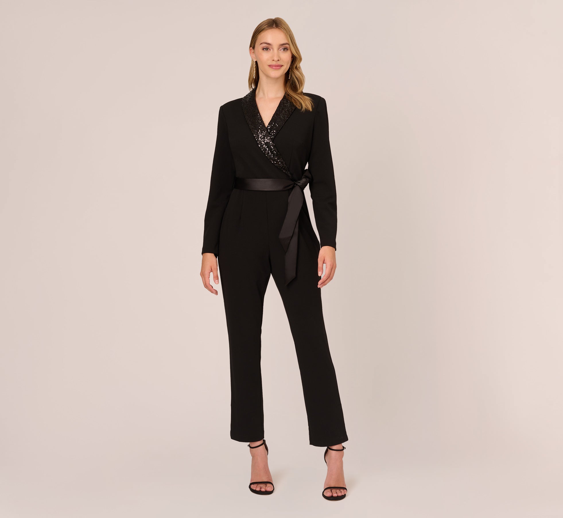 Hand Sequined Crepe Tuxedo Jumpsuit In Black Adrianna Papell