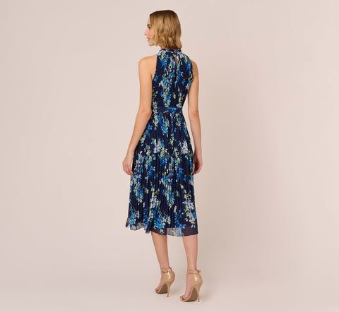 Floral Pleated Chiffon Dress With Mock Neckline In Navy Multi