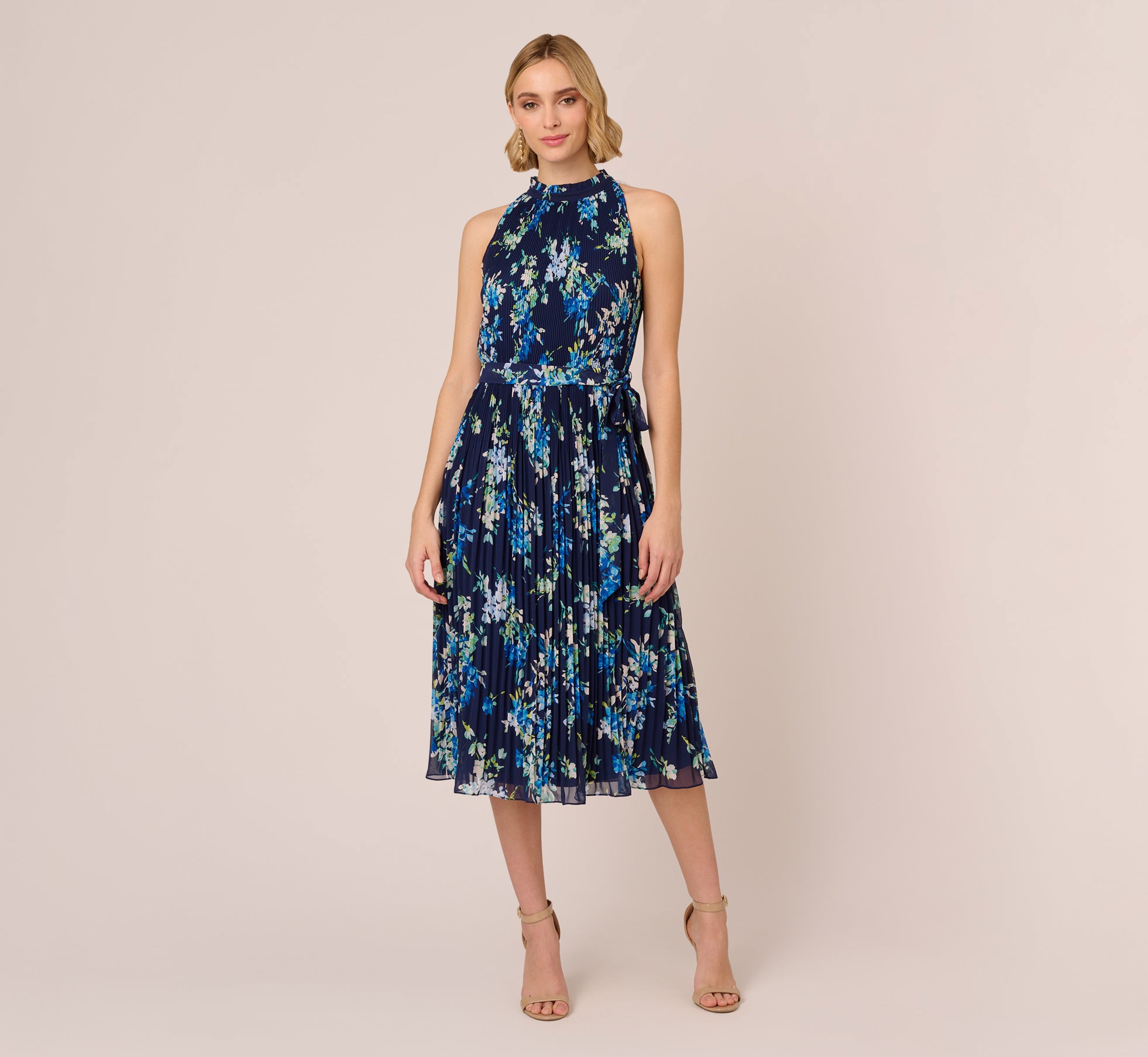 Floral Pleated Chiffon Dress With Mock Neckline In Navy Multi 1