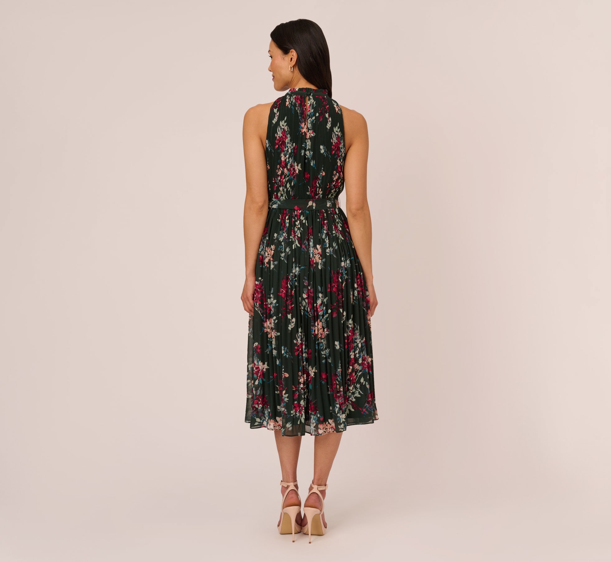 Floral Pleated Chiffon Dress With Mock Neckline In Hunter Multi