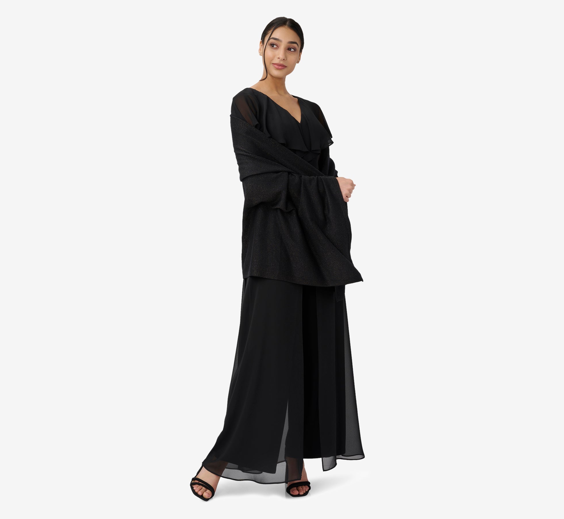 Jersey Jumpsuit With Chiffon Capelet And Skirt Overlay In Black