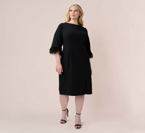 Plus Size Crepe Sheath Dress With V-Back And Feather-Trim Sleeves In Black