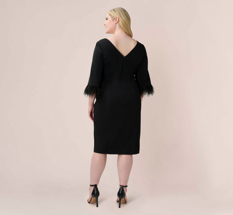 Plus Size Crepe Sheath Dress With V-Back And Feather-Trim Sleeves In Black