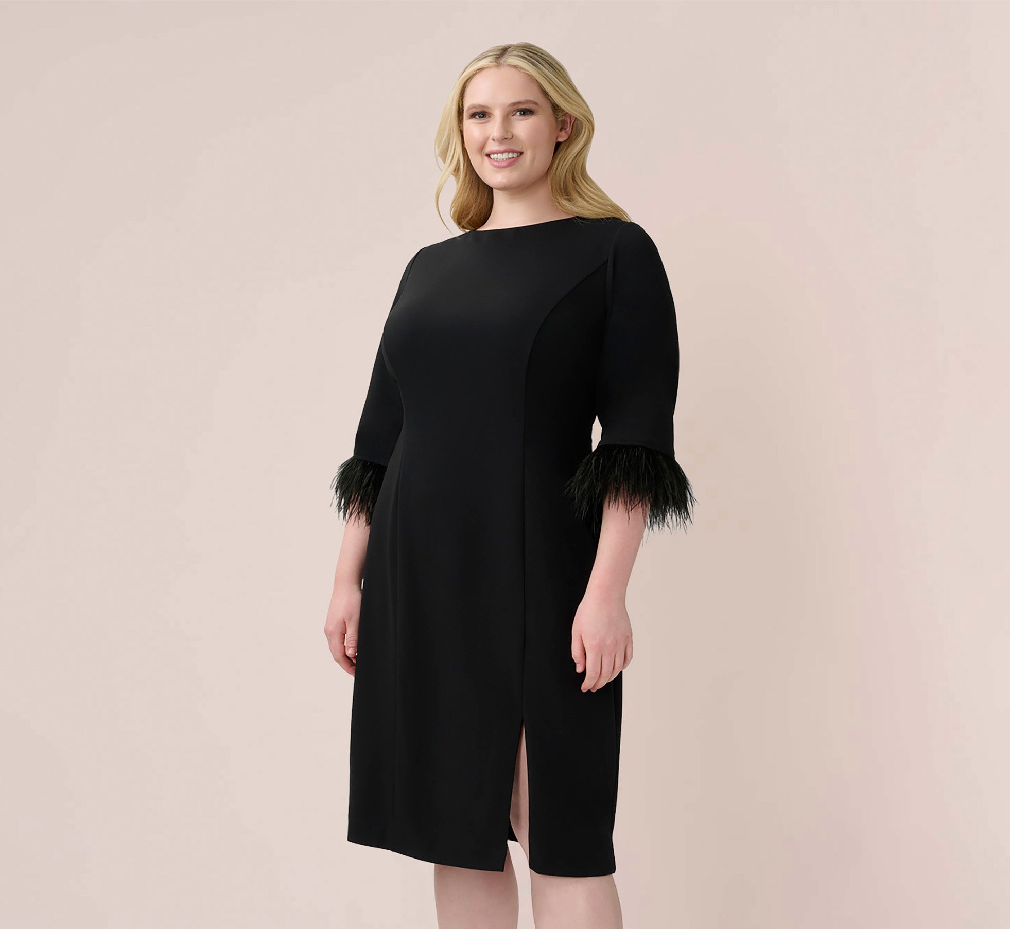 Plus Size Crepe Sheath Dress With V-Back And Feather-Trim Sleeves In Black 1