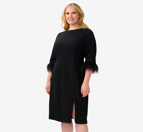 Plus Size Crepe Sheath Dress With V-Back And Feather-Trim Sleeves In Black