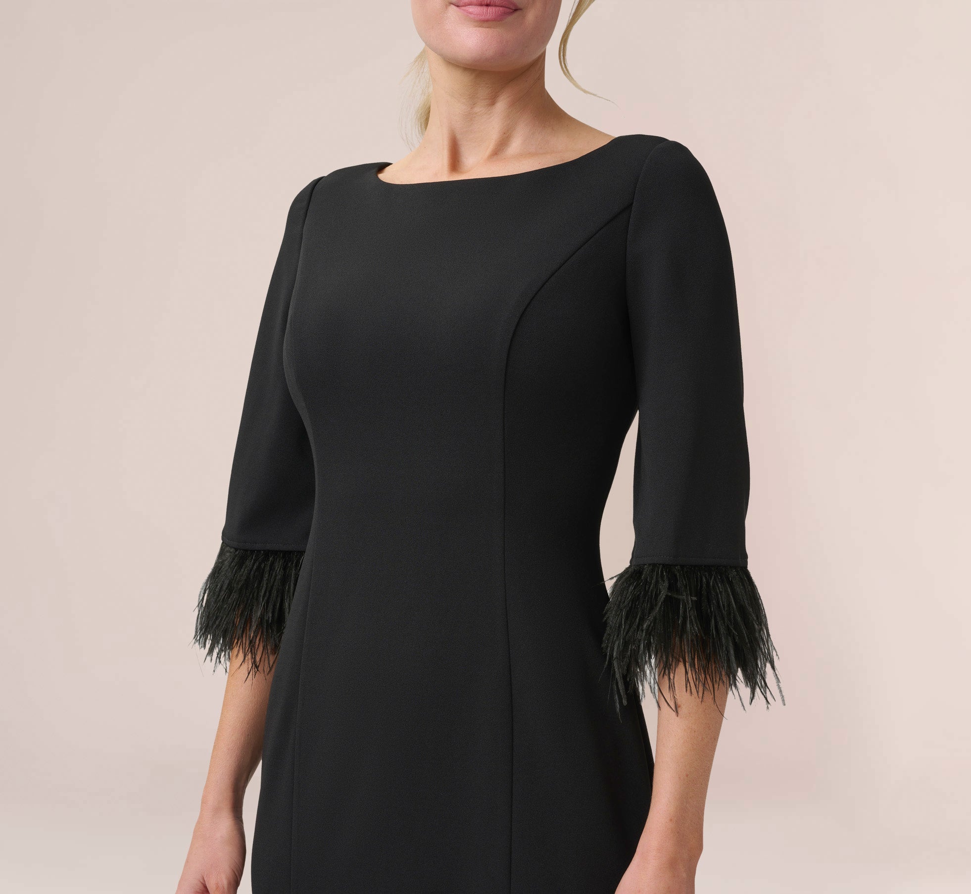 Crepe Sheath Dress With V Back And Feather Trim Sleeves In Black