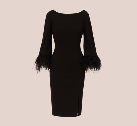 Crepe Sheath Dress With V-Back And Feather-Trim Sleeves In Black