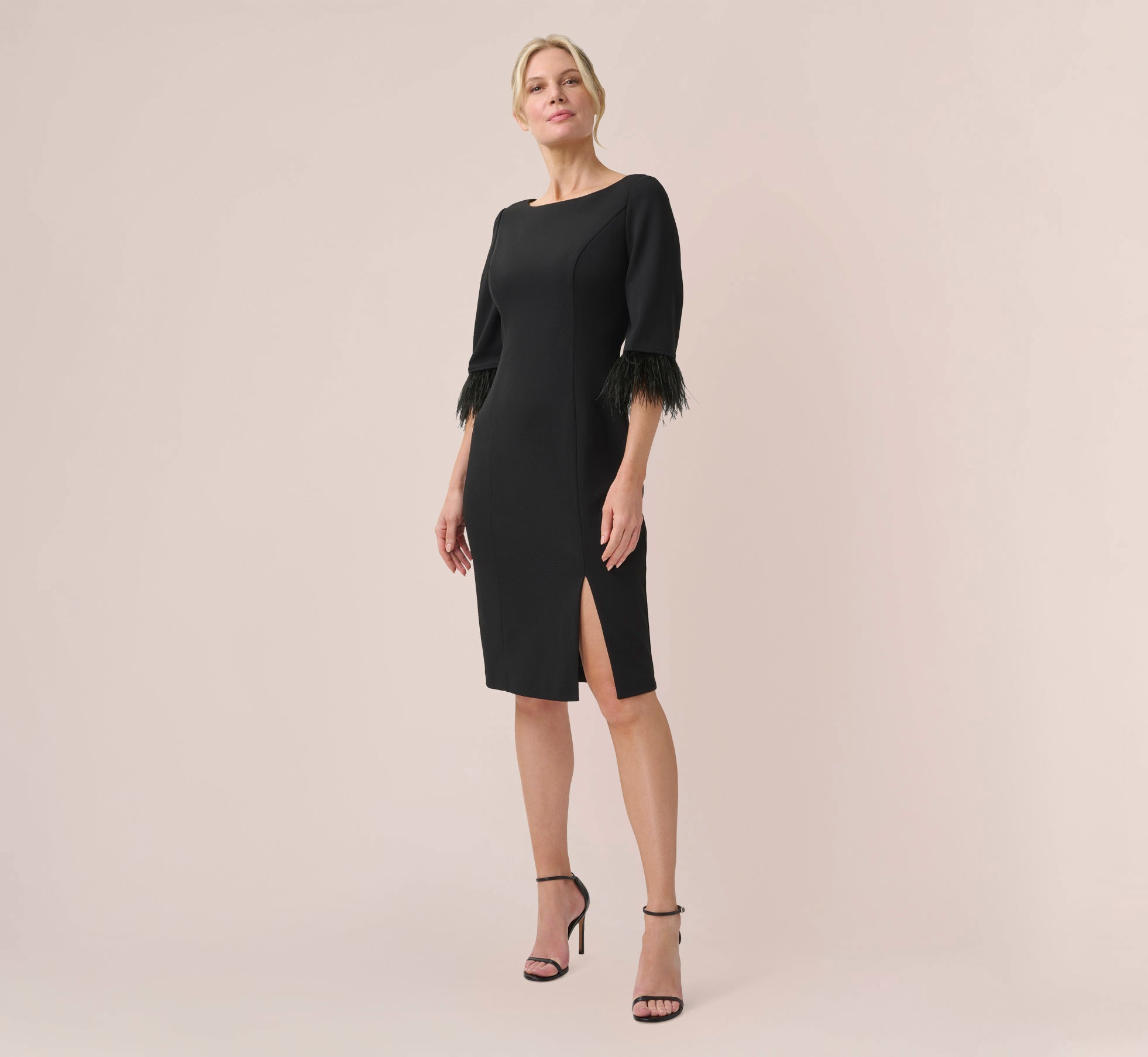 Crepe Sheath Dress With V-Back And Feather-Trim Sleeves In Black 1