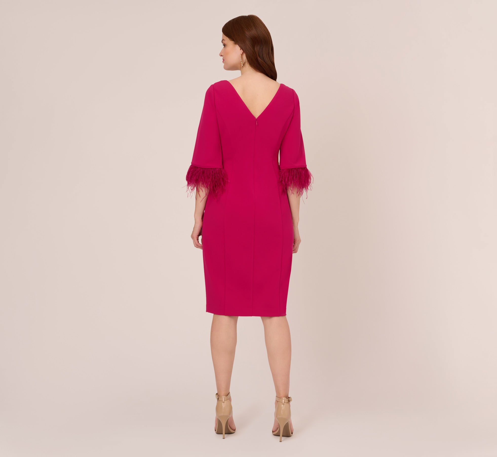 Crepe Sheath Dress With V Back And Feather Trim Sleeves In Rich