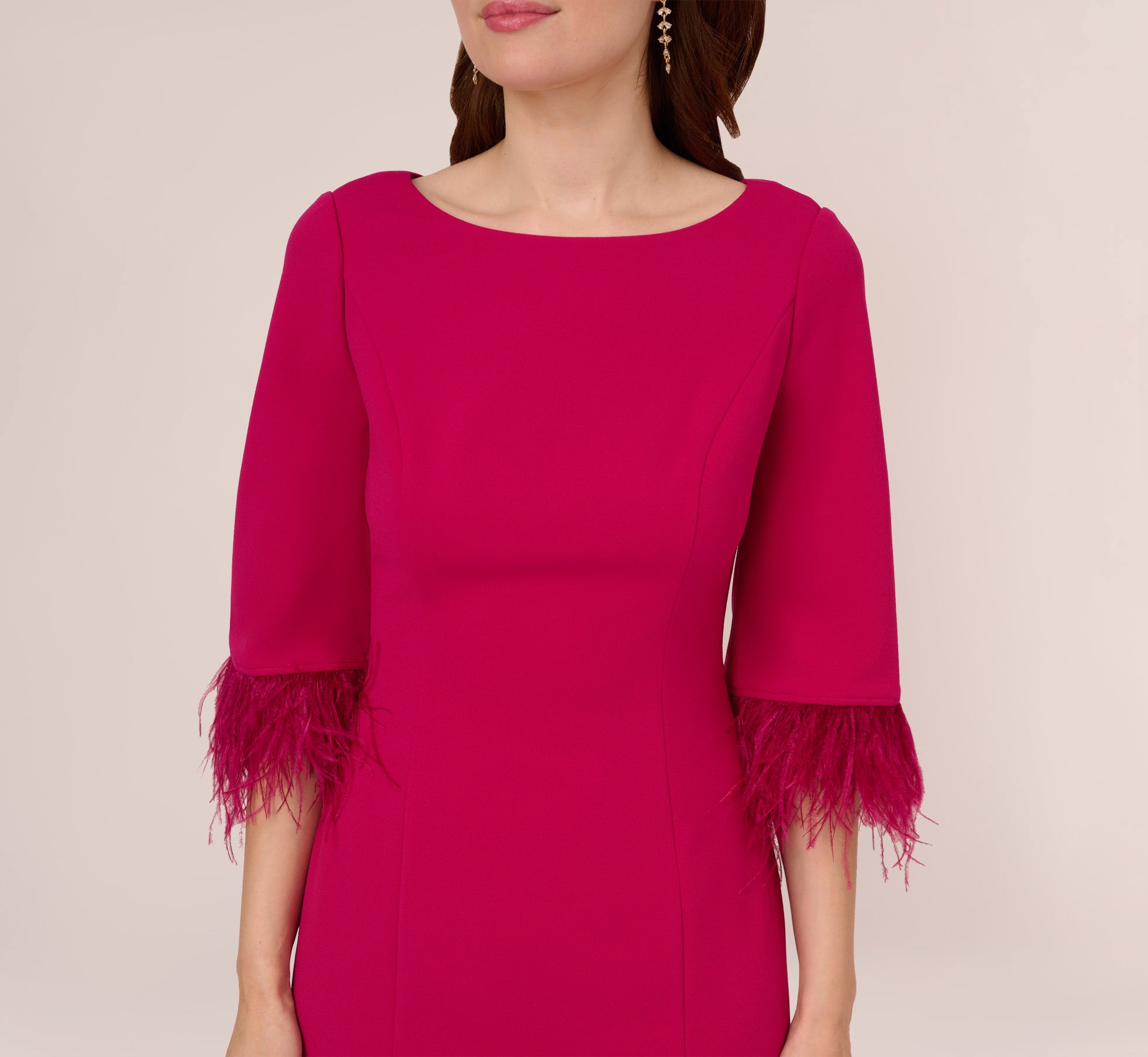 Crepe Sheath Dress With V Back And Feather Trim Sleeves In Rich