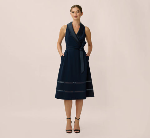 Stretch Knit Crepe Midi-Length Fit-And-Flare Tuxedo Dress With Organza Inserts In Midnight