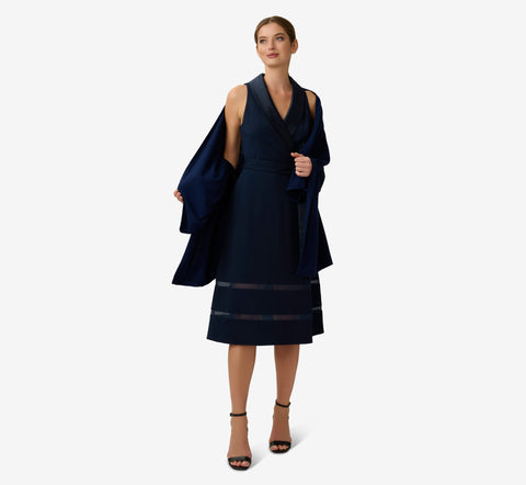 Stretch Knit Crepe Midi-Length Fit-And-Flare Tuxedo Dress With Organza Inserts In Midnight