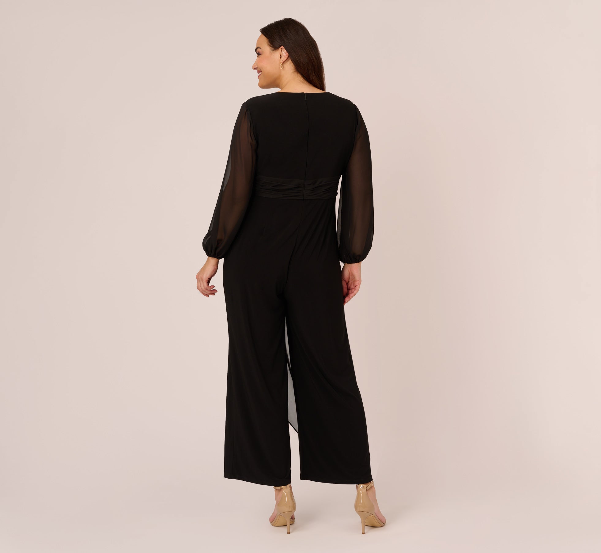 Plus Size Long Sleeve Jersey Jumpsuit With Chiffon Details In