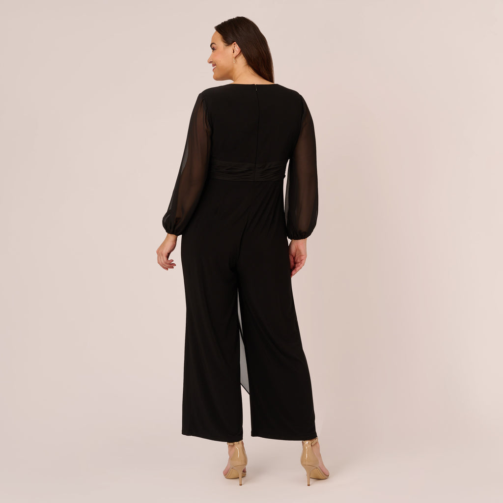 Plus Size Long Sleeve Jersey Jumpsuit With Chiffon Details In