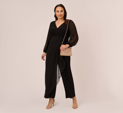 Plus Size Long Sleeve Jersey Jumpsuit With Chiffon Details In Black