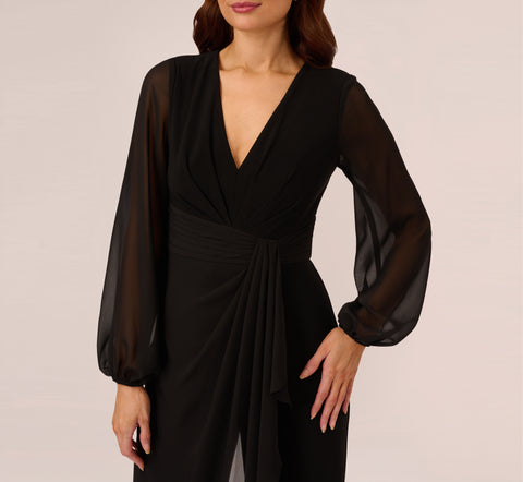 Long Sleeve Jersey Jumpsuit With Chiffon Details In Black