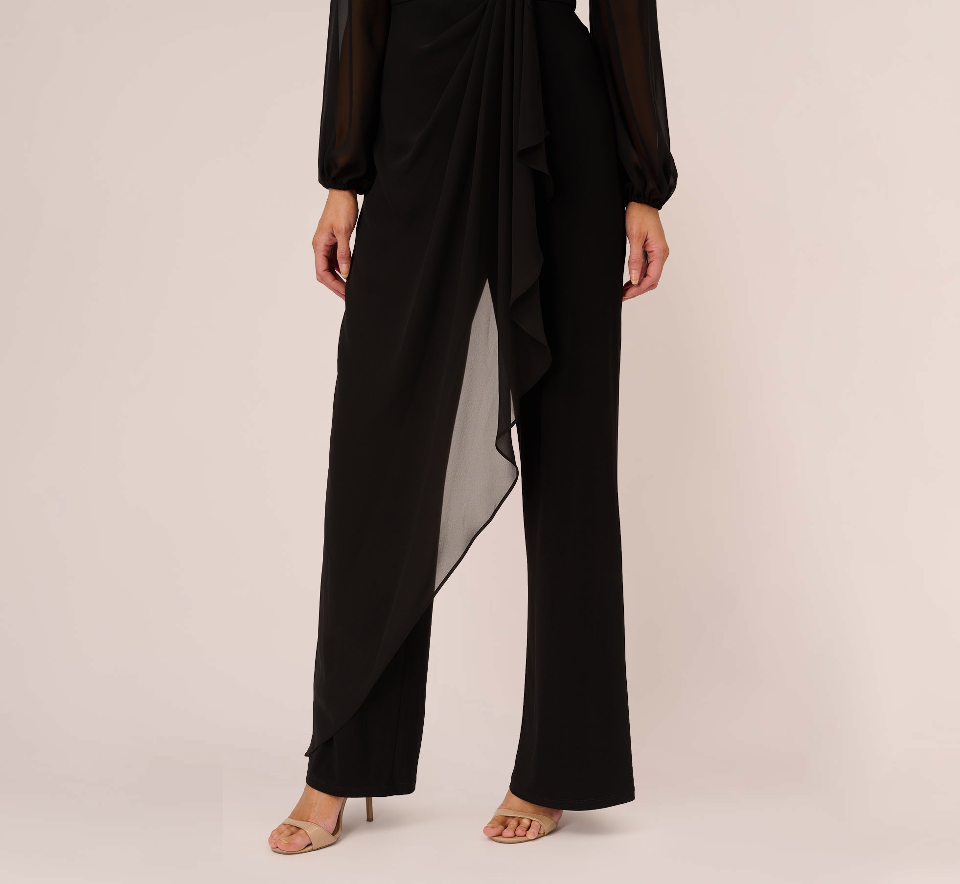 Long Sleeve Jersey Jumpsuit With Chiffon Details In Black