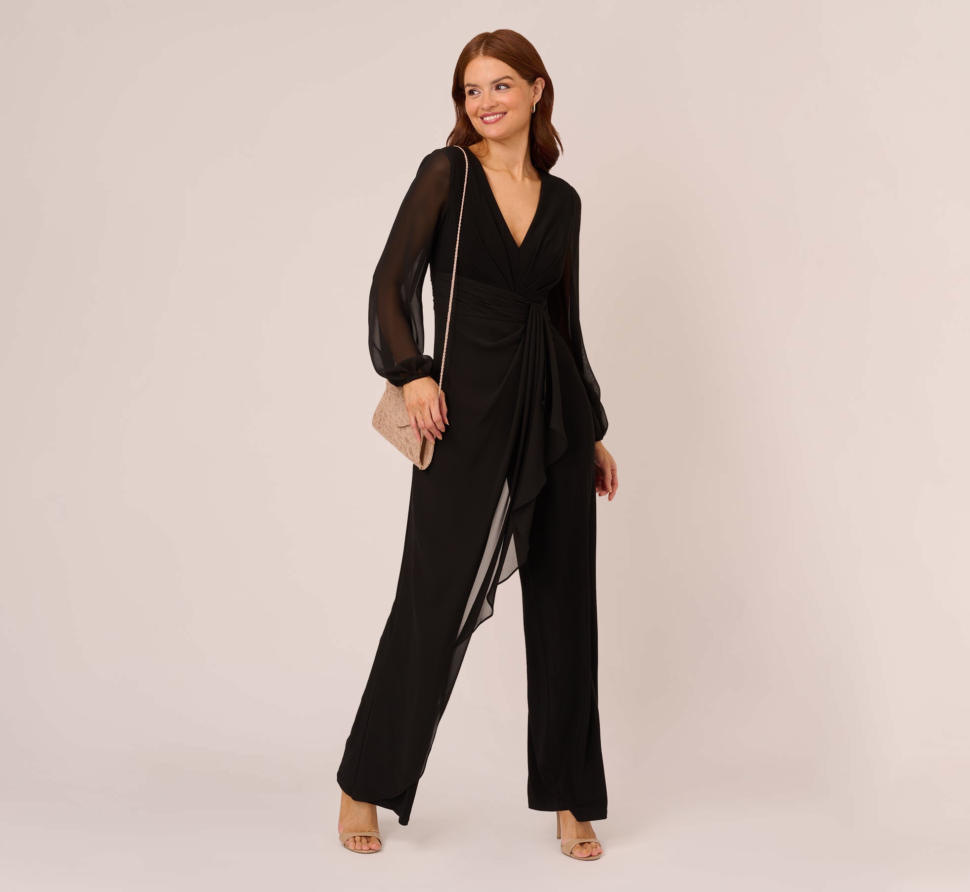 Long Sleeve Jersey Jumpsuit With Chiffon Details In Black