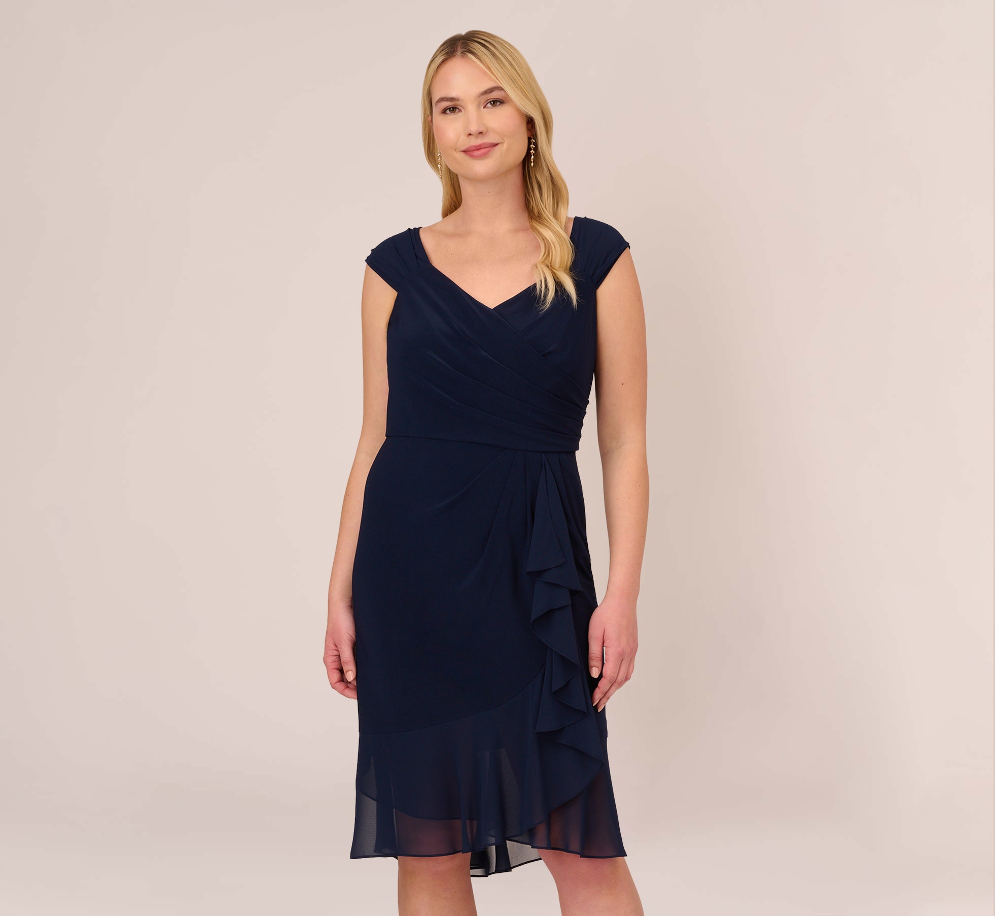 Plus Size Chiffon And Jersey Flounce Draped Dress With Pleated